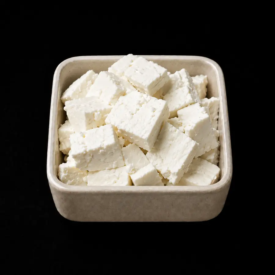 Weißer Weichkäse nach griechischer Art in einer hohen quadratischen Keramikschale