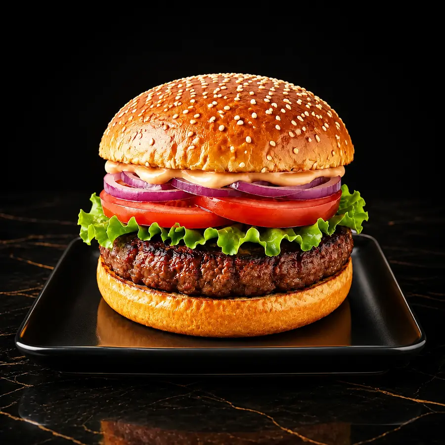 Classic Burger mit 100 % frischem Rindfleisch, Salat, Tomaten, Zwiebeln und Burgersauce