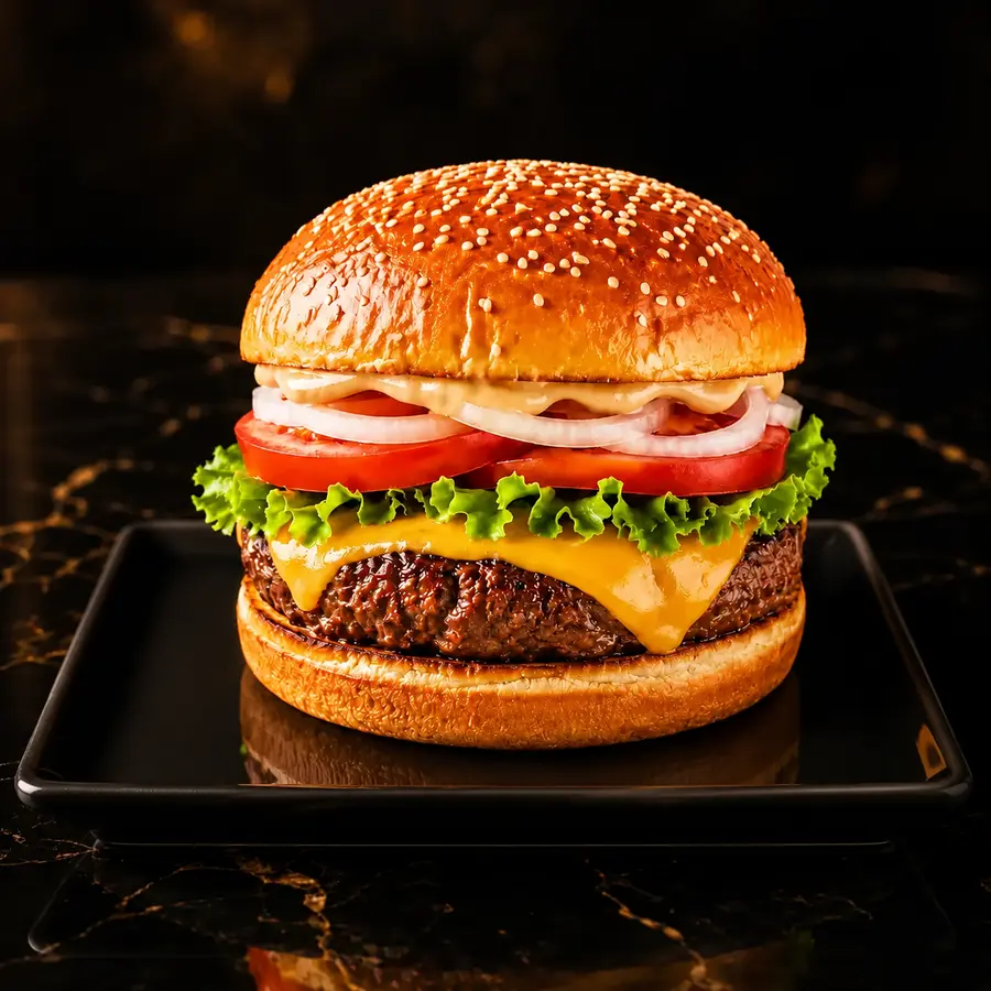 Cheese Burger mit 100 % frischem Rindfleisch, Käse, Salat, Tomaten, Zwiebeln und Burgersauce