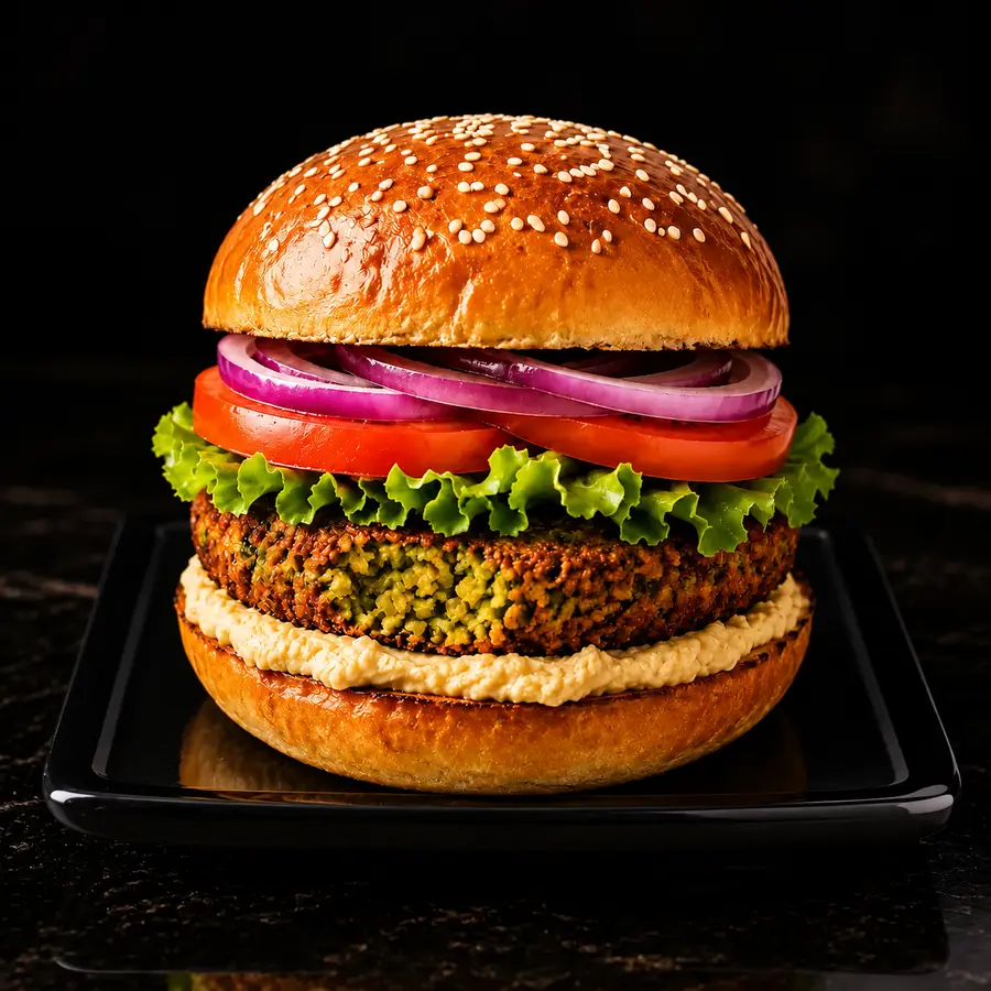 Falafel Burger mit Hummus oder Joghurtsoße, Salat, roten Zwiebeln und Tomaten