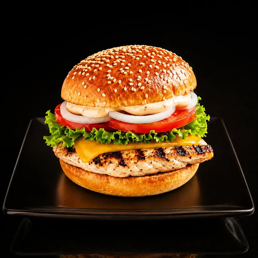 Chicken Burger mit Hühnerfleisch, Käse, Salat, Tomaten, Zwiebeln und Burgersauce