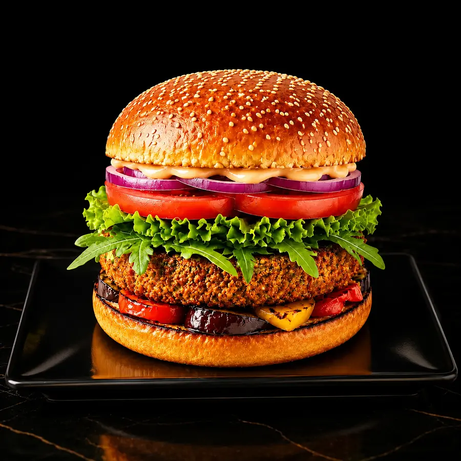 Veggie Burger mit Falafel, frisch gegrilltem Gemüse, Rucola, Salat, Tomaten und Zwiebeln