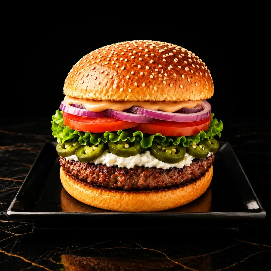 Scharfer Cricket Burger mit 100 % frischem Rindfleisch, Frischkäse, Jalapeños und Salat