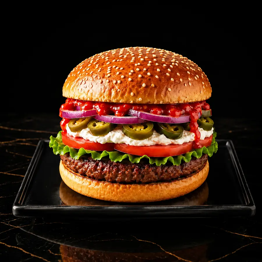 Scharfer Chili-Cheeseburger mit 100 % frischem Rindfleisch, Frischkäse, Jalapeños und Chilisauce