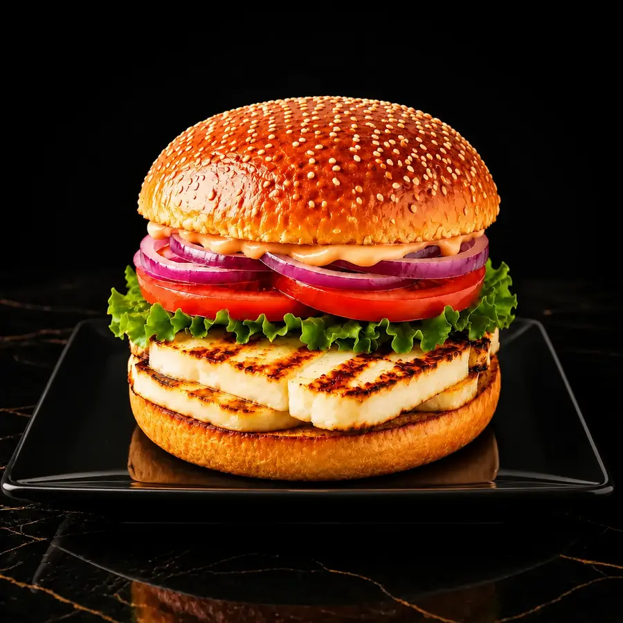 Halloumi-Burger mit Halloumi, Salat, roten Zwiebeln, Tomaten und Soße