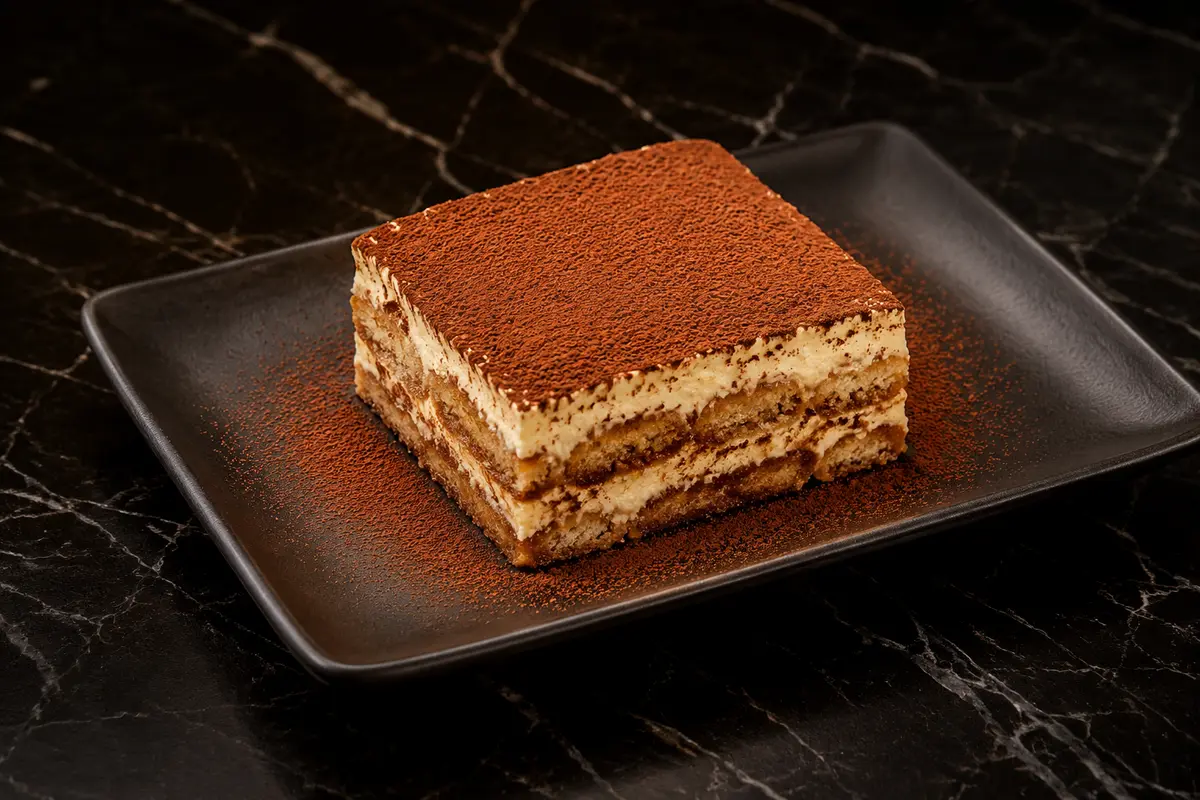 Tiramisu mit Mascarponecreme und Kakao auf einer schwarzen Platte