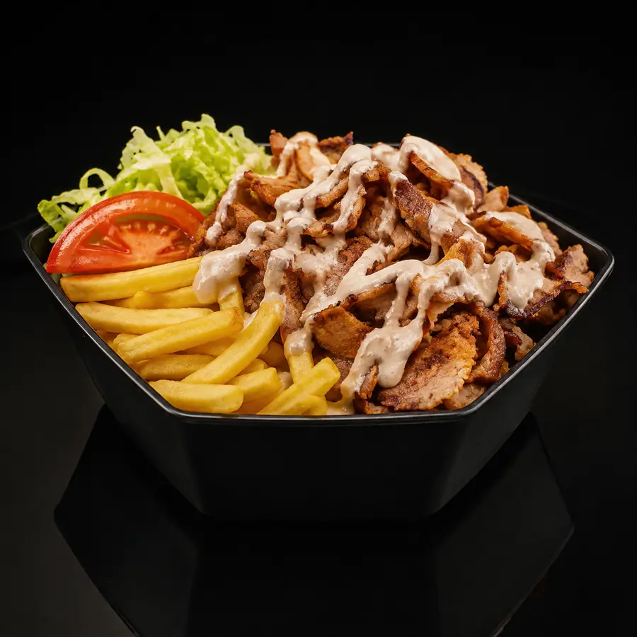 Drehspieß Box mit Fleisch, Pommes oder Reis und Salat