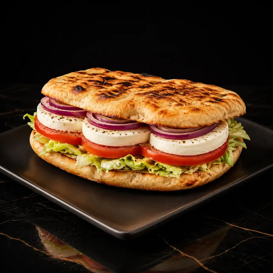 Mozzarella Sandwich mit Salat, Tomaten und roten Zwiebeln