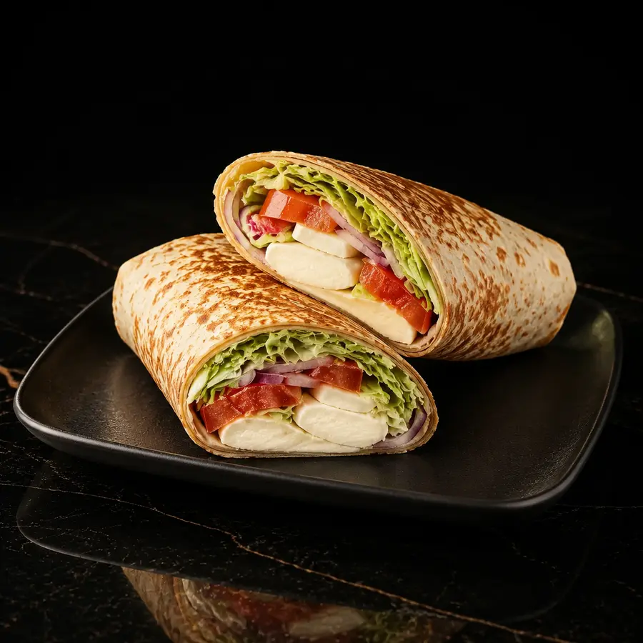 Mozzarella Dürüm mit Salat, Tomaten und roten Zwiebeln