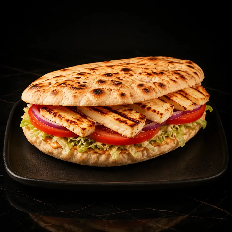 Halloumi Sandwich mit Salat, Tomaten und roten Zwiebeln