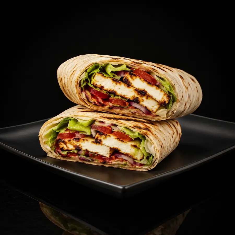 Halloumi Dürüm mit Salat, Tomaten und roten Zwiebeln