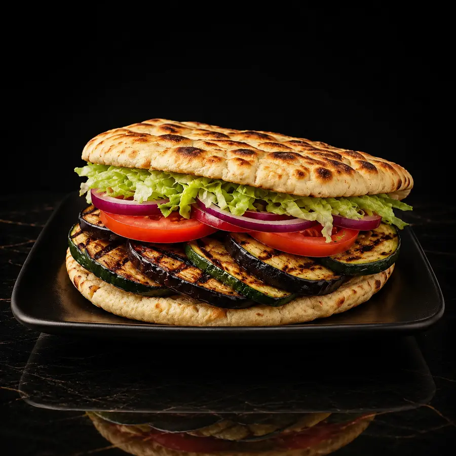 Aubergine mit Zucchini Sandwich, Salat, Tomaten und roten Zwiebeln