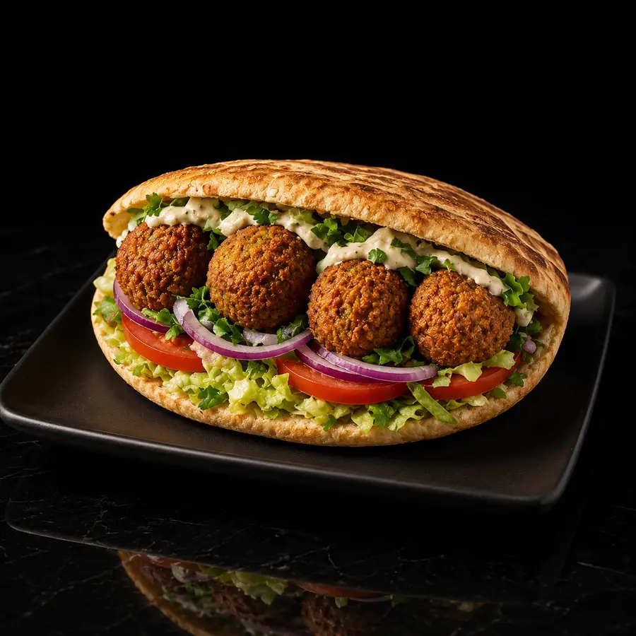 Falafel Sandwich mit Salat, Tomaten, Zwiebeln und Soße