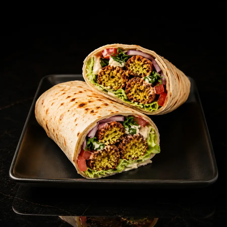 Falafel Dürüm mit Salat, Tomaten, Zwiebeln und Soße