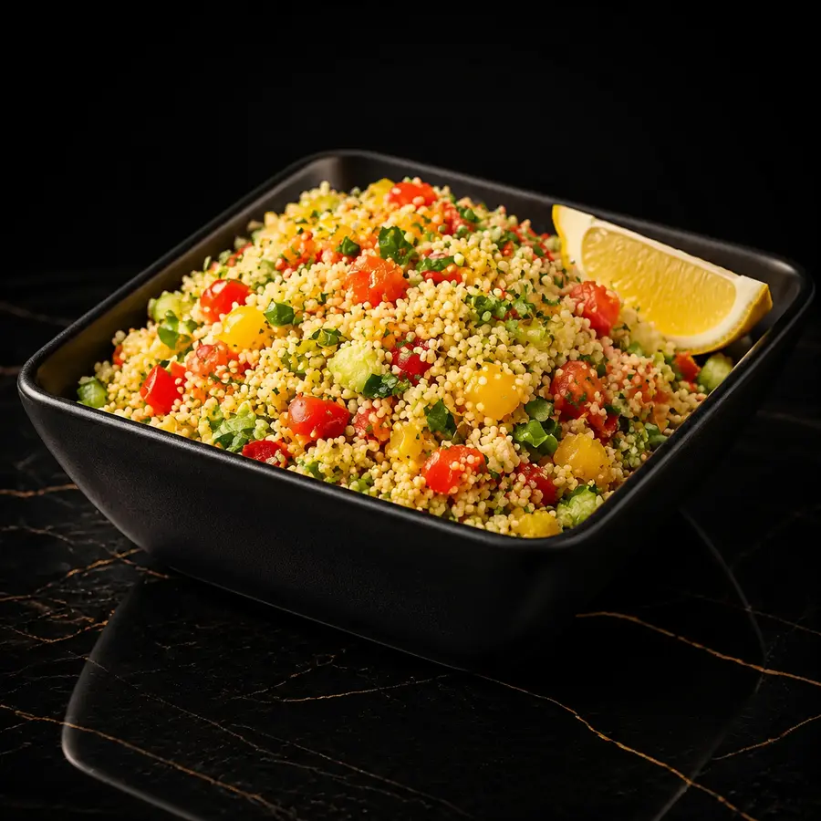 Frischer Couscous Teller mit Petersilie, Lauchzwiebeln, Paprika und Zitrone