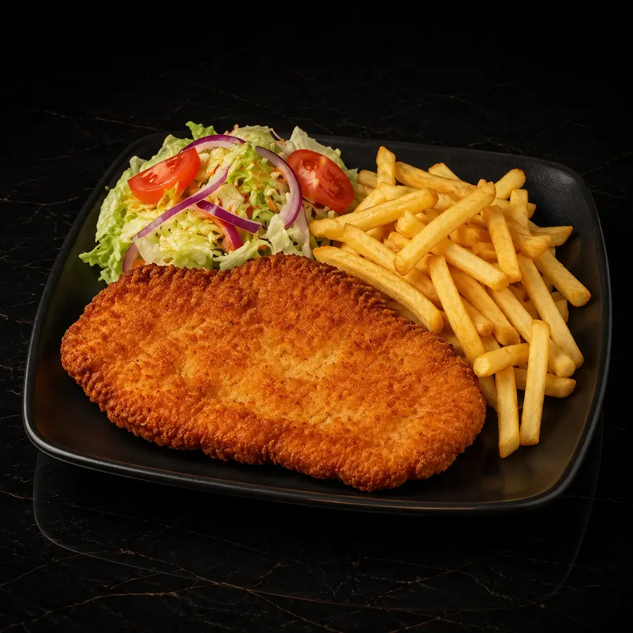 Hähnchenschnitzel mit Pommes und Salat