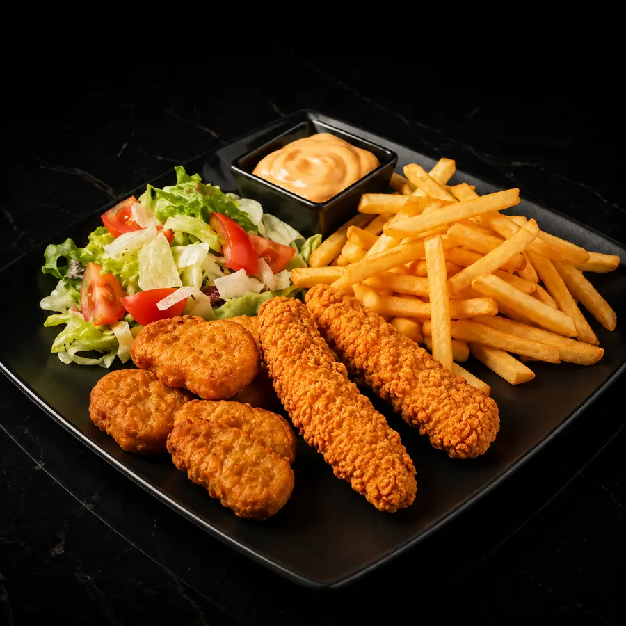 Sechs Chicken Nuggets und Crispy Strips mit Pommes und Salat