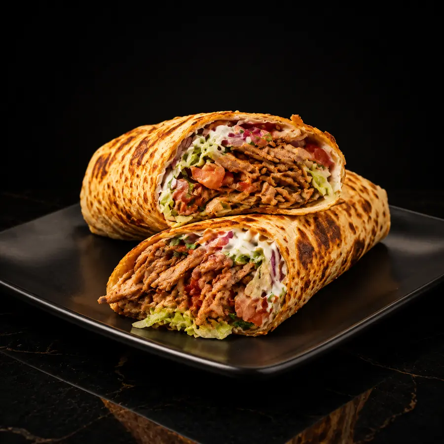 Lahmacun mit Drehspießfleisch und Salat