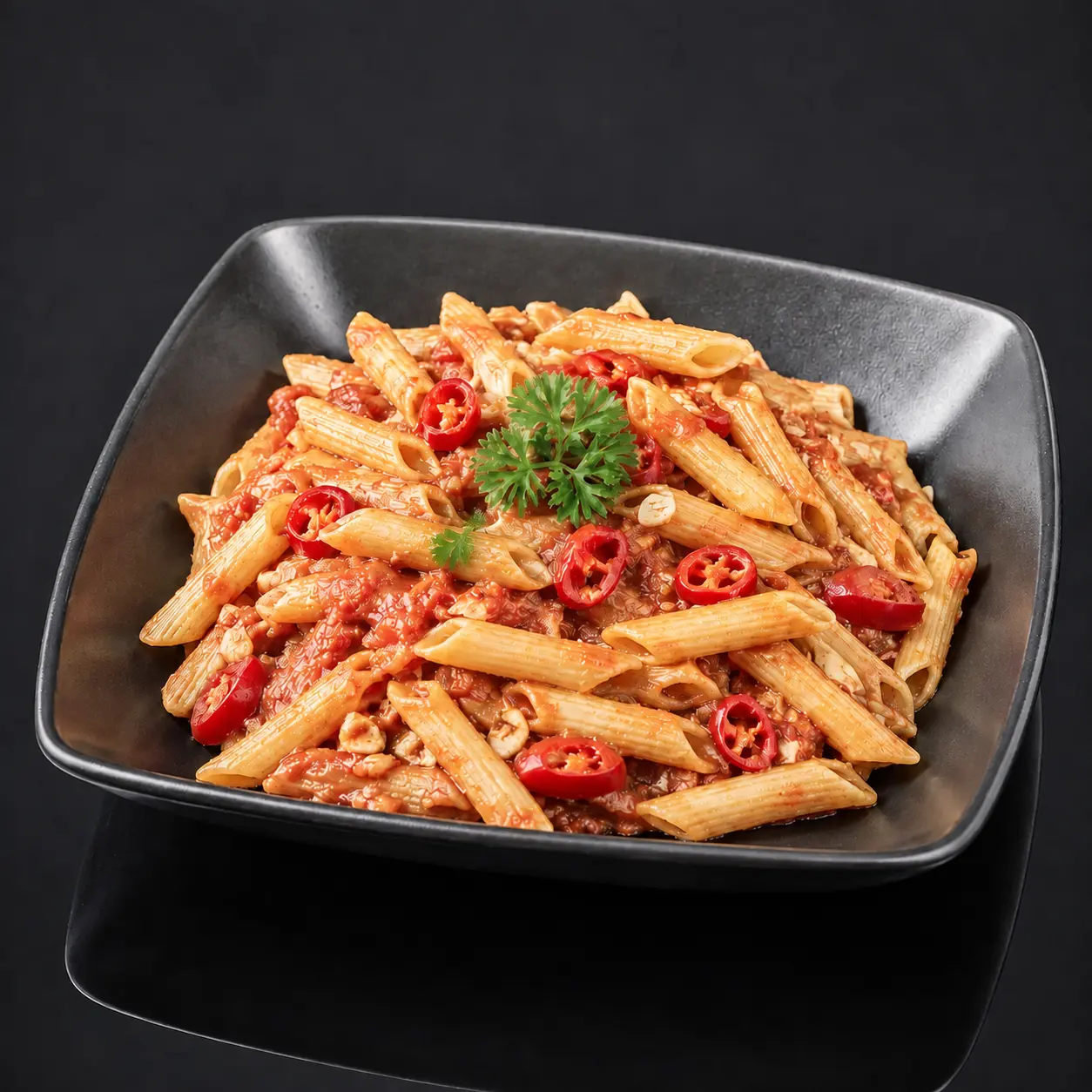 Pasta Arrabiata mit Tomatensoße, Chili und Knoblauch