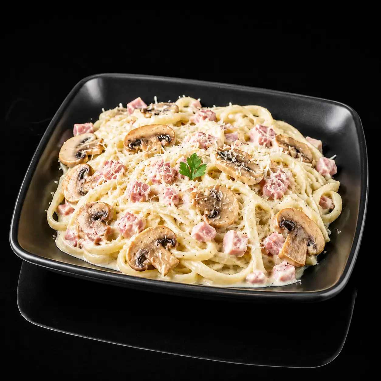 Pasta Carbonara mit Schinken, Champignons, Sahnesoße und Parmesan