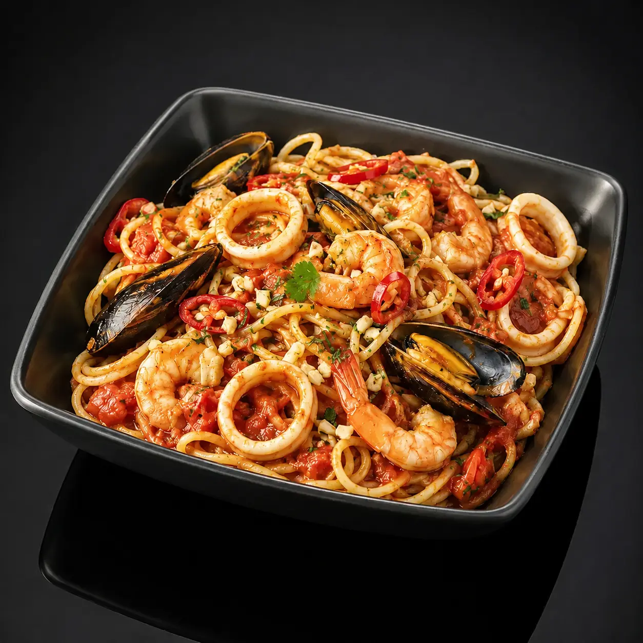 Pasta Frutti di Mare mit Meeresfrüchten in scharfer Tomatensoße