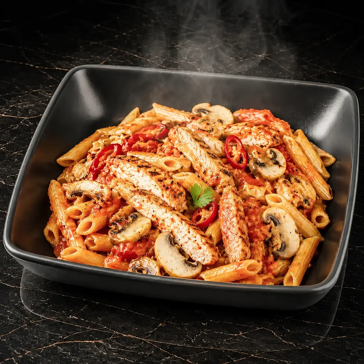 Pasta Pollo mit Hähnchenbrust, Chili, Champignons und Tomatensoße