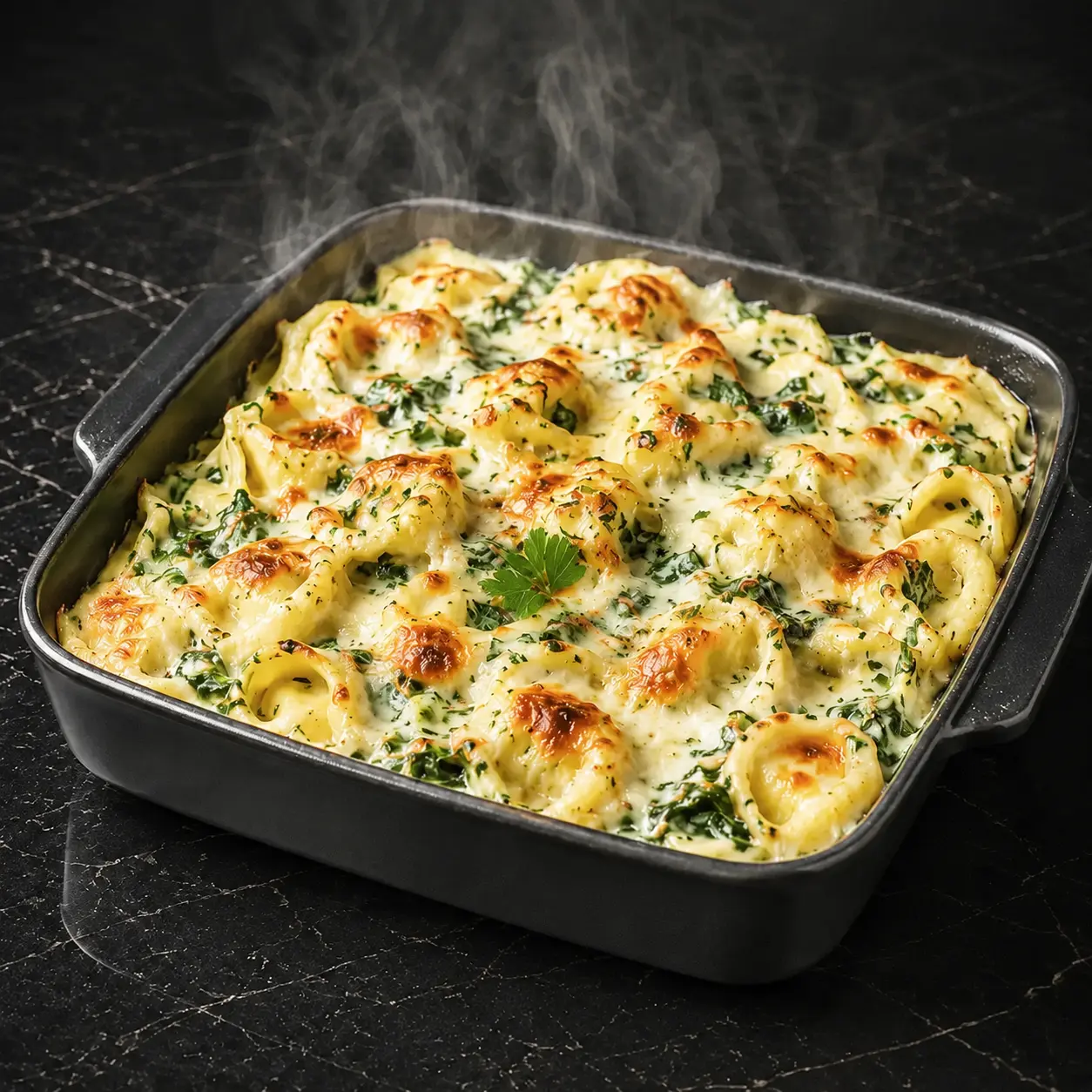 Tortellini Spinaci in Kräuter-Rahmsoße mit Mozzarella überbacken