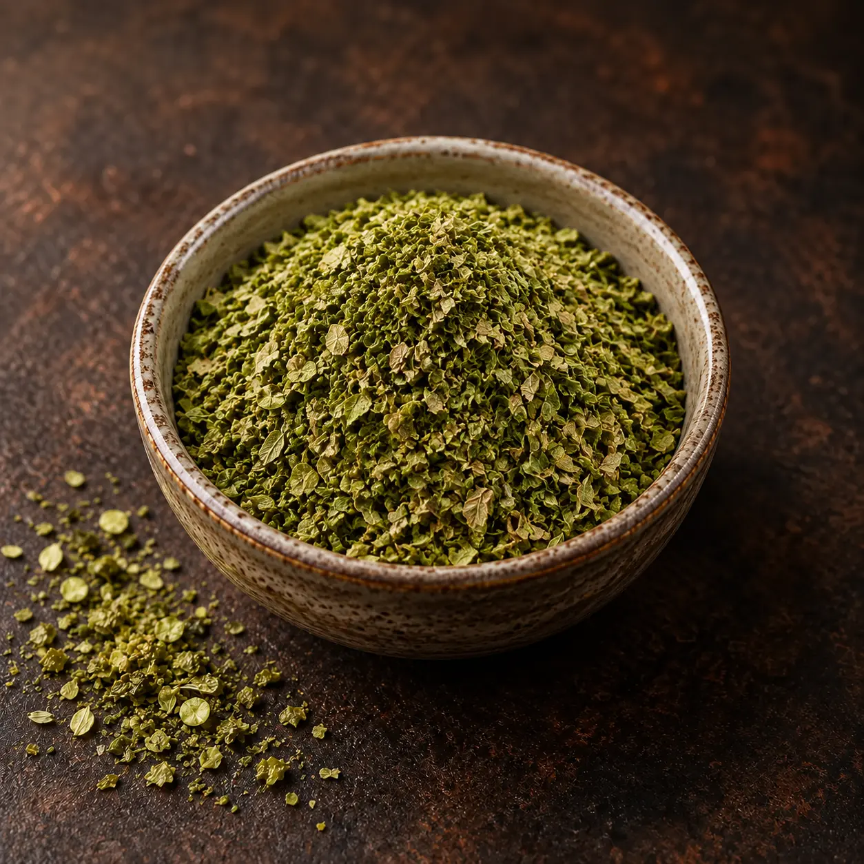 Getrockneter grüner Oregano in einer großen rustikalen Keramikschale