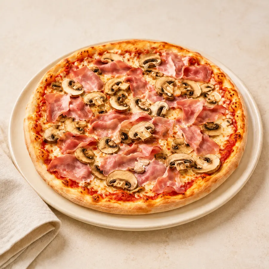 Pizza Regina mit Vorderschinken und frischen Champignons