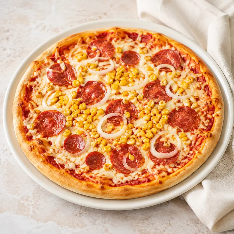 Pizza Americana mit Salami, Mais und Zwiebeln