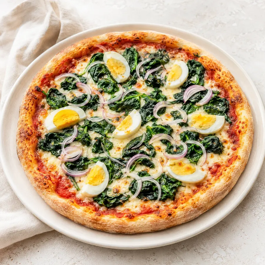 Pizza Spinaci mit Spinat, Ei und Zwiebeln