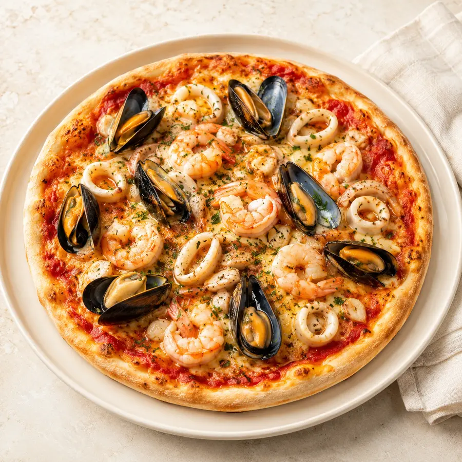 Pizza Frutti di Mare mit Meeresfrüchten, Knoblauch und Zwiebeln