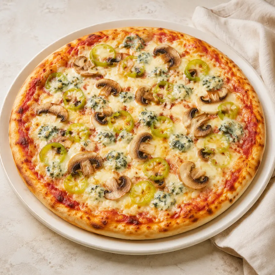 Pizza Gorgonzola mit frischen Champignons und Peperoni
