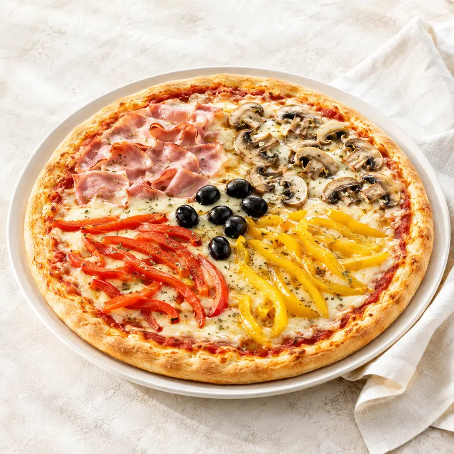 Pizza Quattro Stagioni mit Vorderschinken, Champignons, Paprika und Oliven