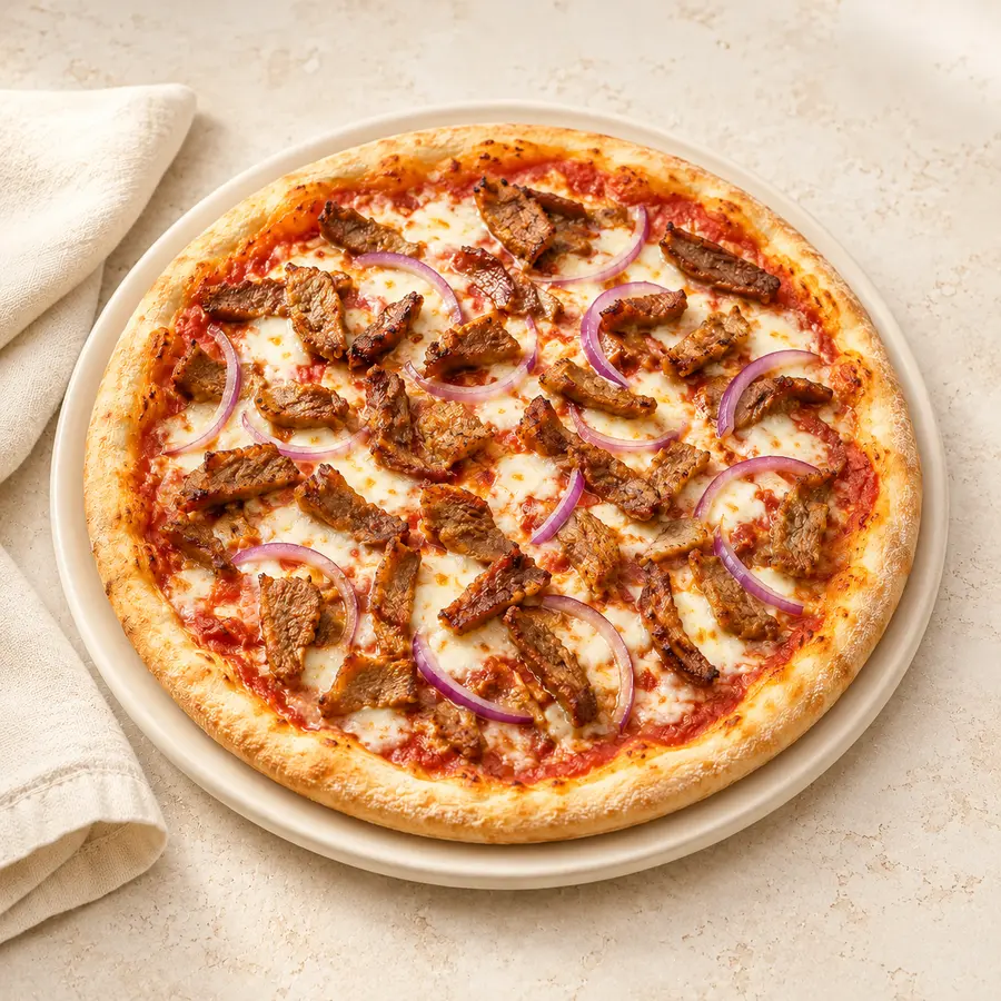 Pizza Döner mit Drehspießfleisch, Zwiebeln und Käse