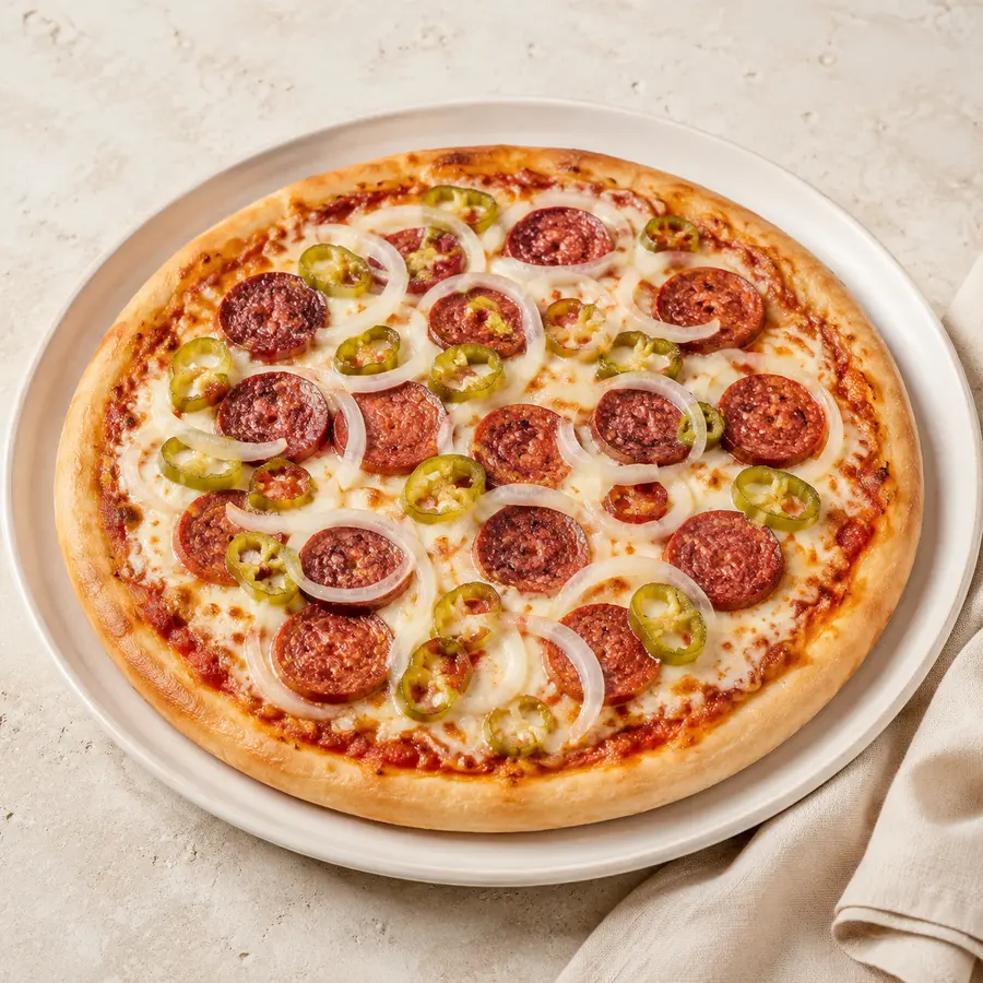 Pizza Sucuk mit Knoblauchwurst, Peperoni und Zwiebeln