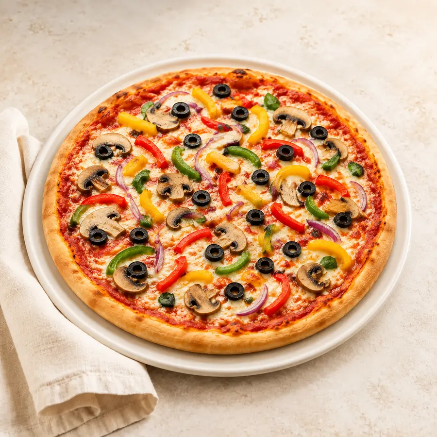 Vegetarische Pizza mit Champignons, Mais, Broccoli, Zucchini, Zwiebeln, Paprika und Oliven