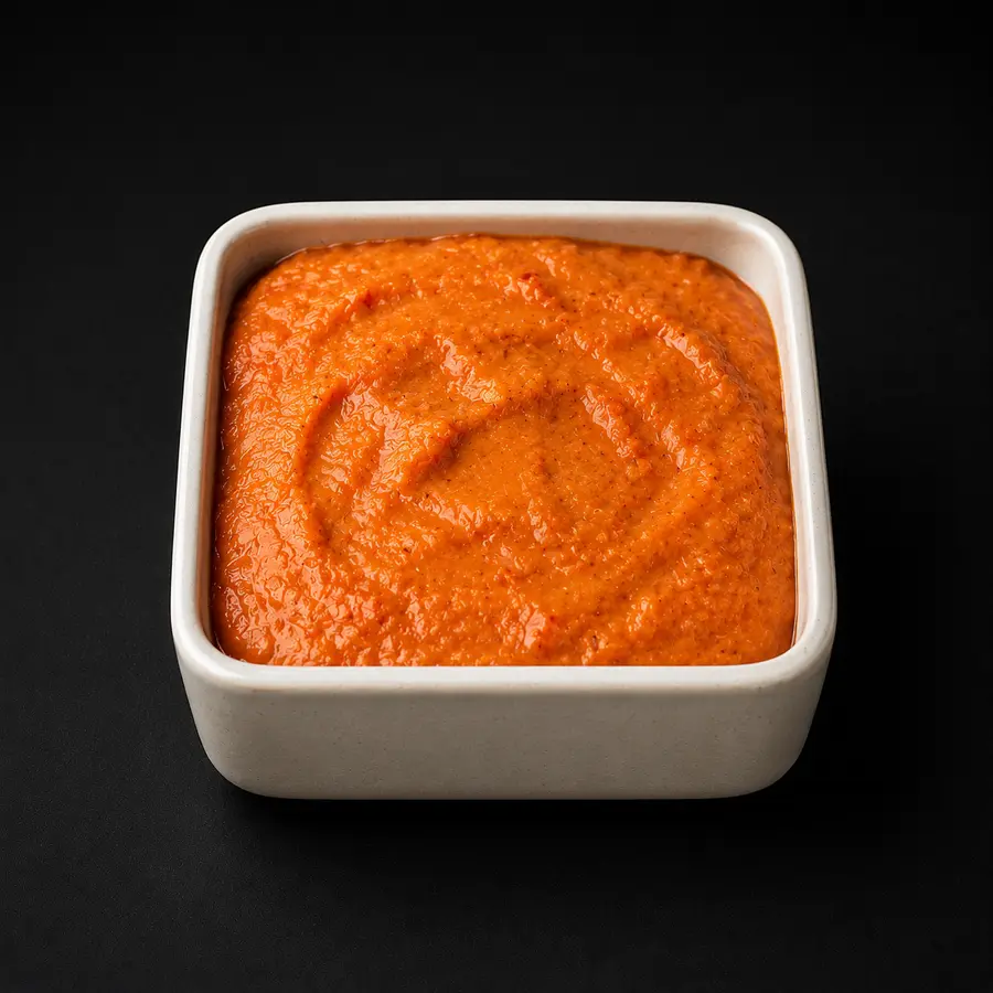 Orange-rote scharfe Sauce in einer hohen quadratischen Keramikschale