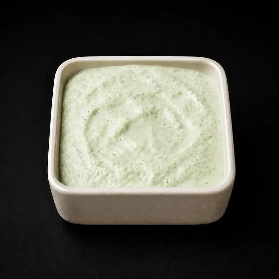 Sehr hellgrüne Joghurt-Kräuter-Sauce in einer hohen quadratischen Keramikschale