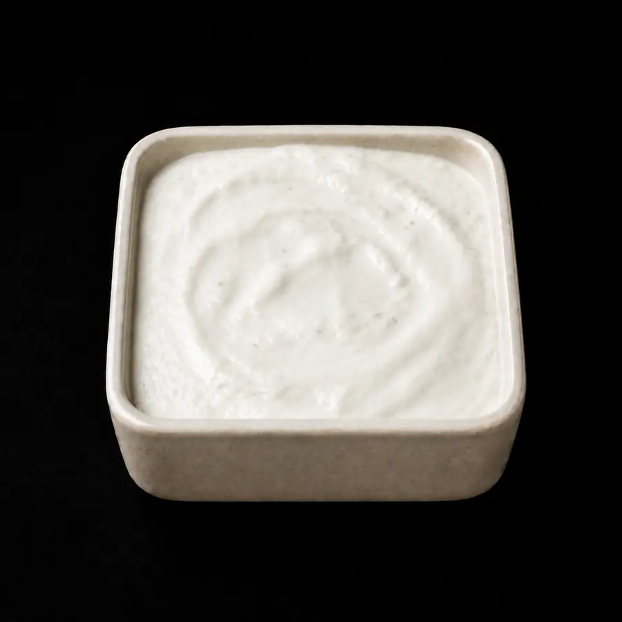 Helle Joghurtsauce in einer hohen quadratischen Keramikschale