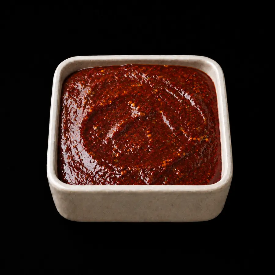 Dunkelrote Aslan Spezial Sauce in einer hohen quadratischen Keramikschale