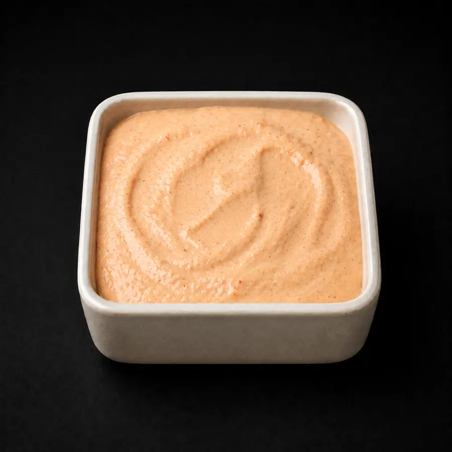 Helle orange Cocktail Sauce in einer hohen quadratischen Keramikschale
