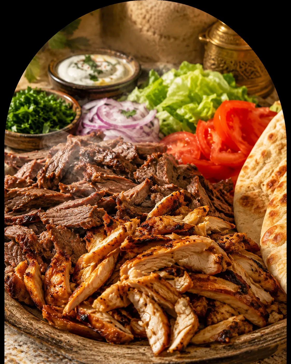Appetitliches gegrilltes Hähnchen- und Rindfleisch mit frischem Gemüse