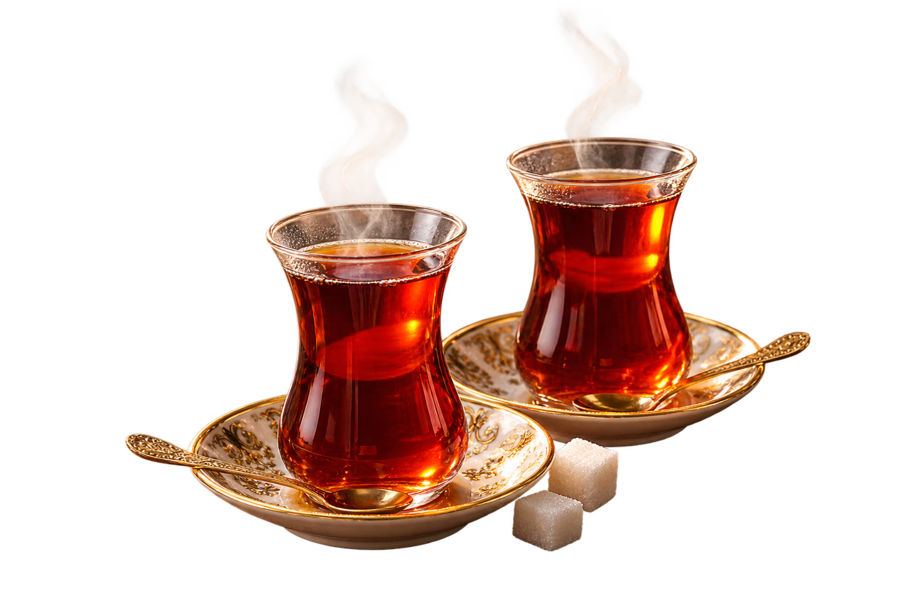 Zwei heiße türkische Teegläser mit feinem Dampf